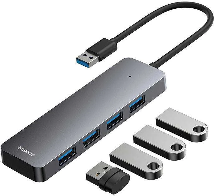 4in1 Hub Baseus UltraJoy Lite USB-A į USB 3.0 15cm (pilka)