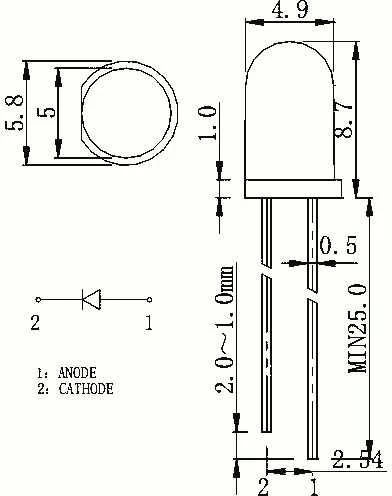 5 mm geltonas difuzinis šviesos diodas 20 mA - 10 vnt