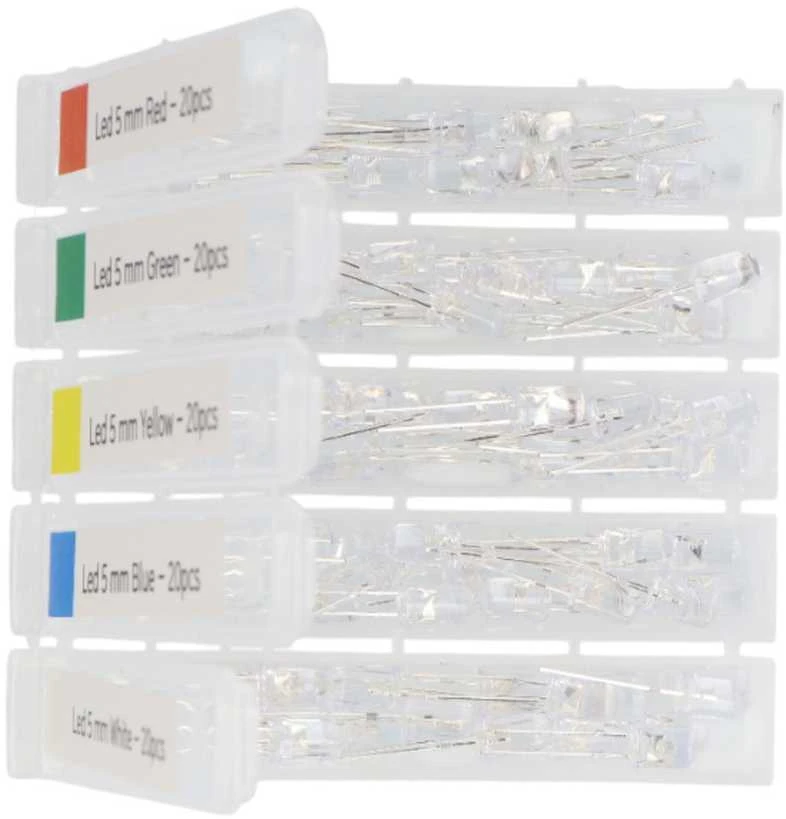 5 mm LED diodai penkių spalvų pakuotėse