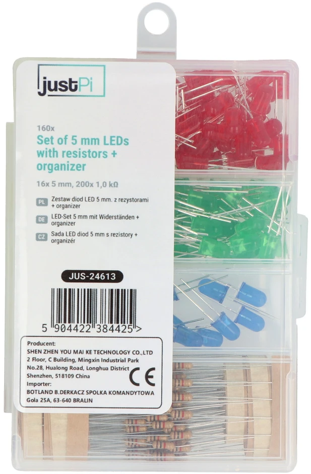 5 mm LED diodų rinkinys – justPi – 160 vnt, su rezistoriais + organizatorius