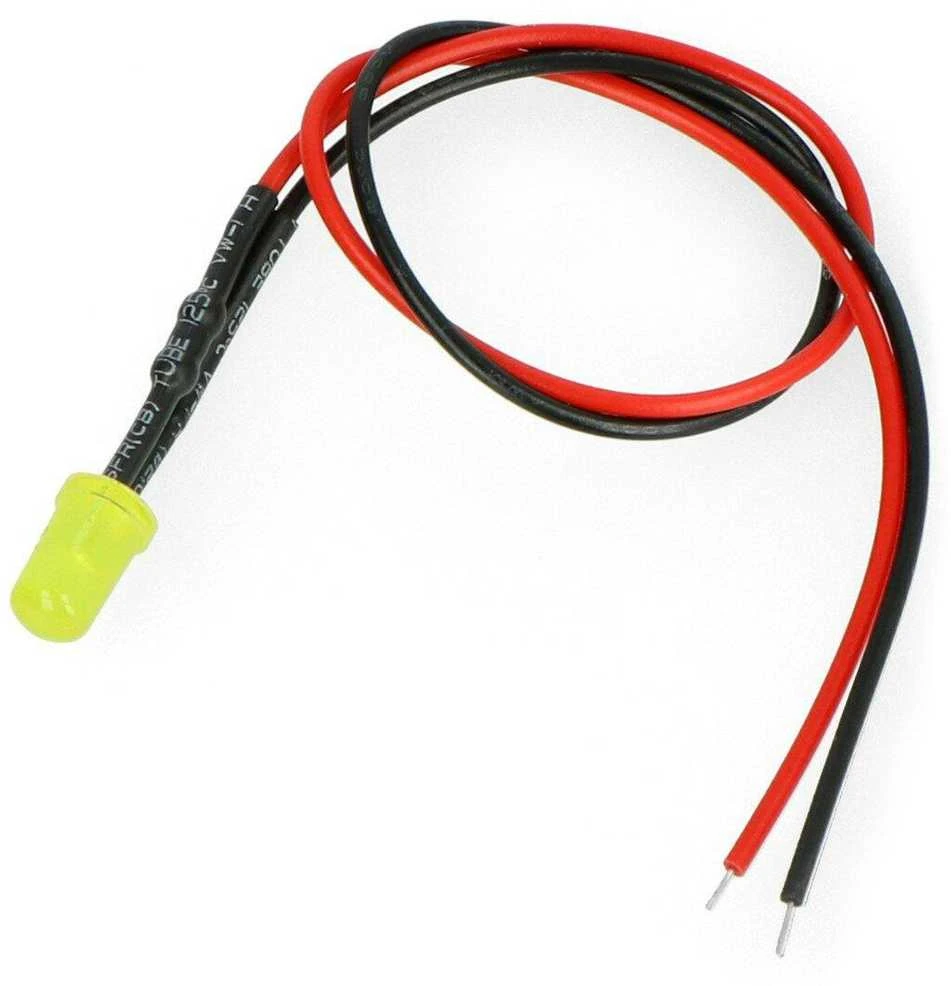 Geltona 5mm LED su laidais ir rezistoriumi