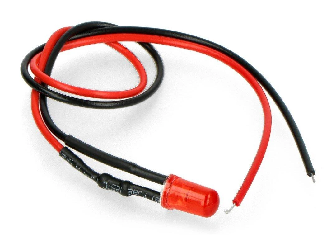 Raudonas 5mm LED diodas su prilituotais laidais ir rezistoriumi