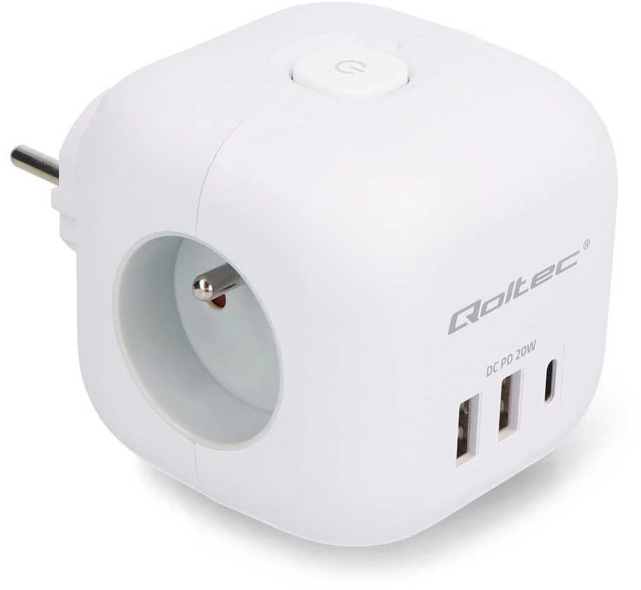 Daugiafunkcinė Qoltec galios kubikė su apšviečiamu jungikliu 3x AC 2x USB 1x USB-C PD 20W Balta
