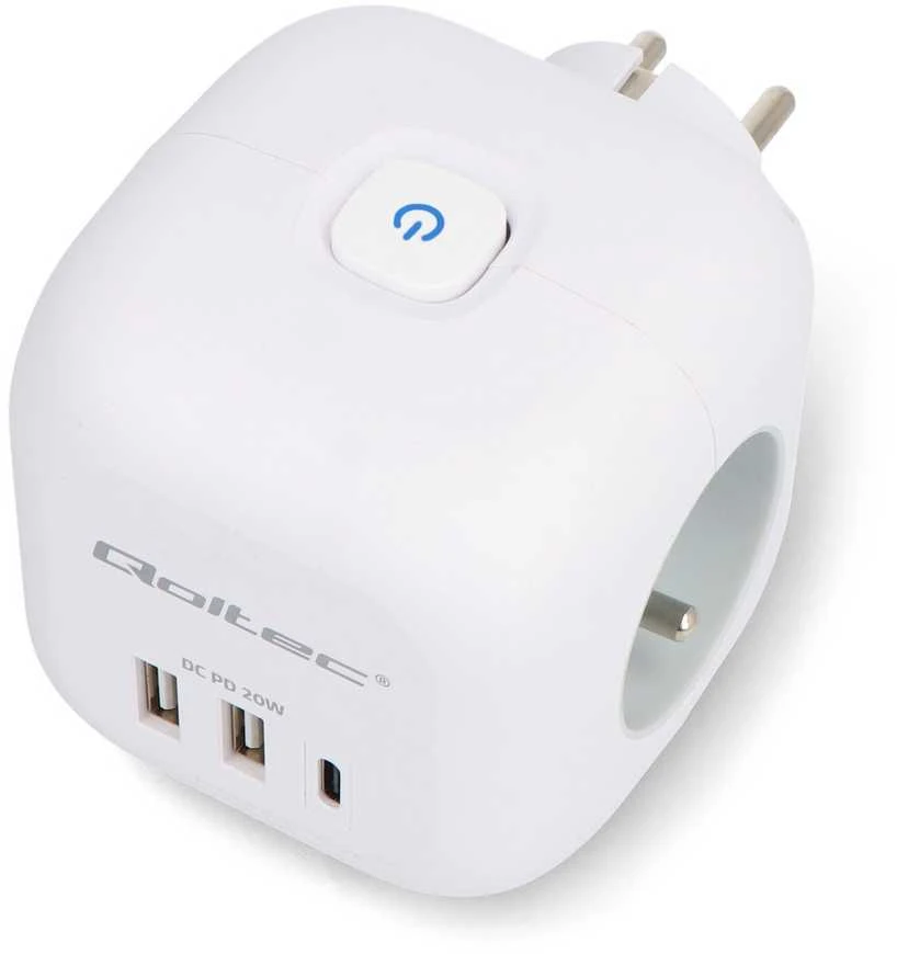Daugiafunkcinė Qoltec galios kubikė su apšviečiamu jungikliu 3x AC 2x USB 1x USB-C PD 20W Balta