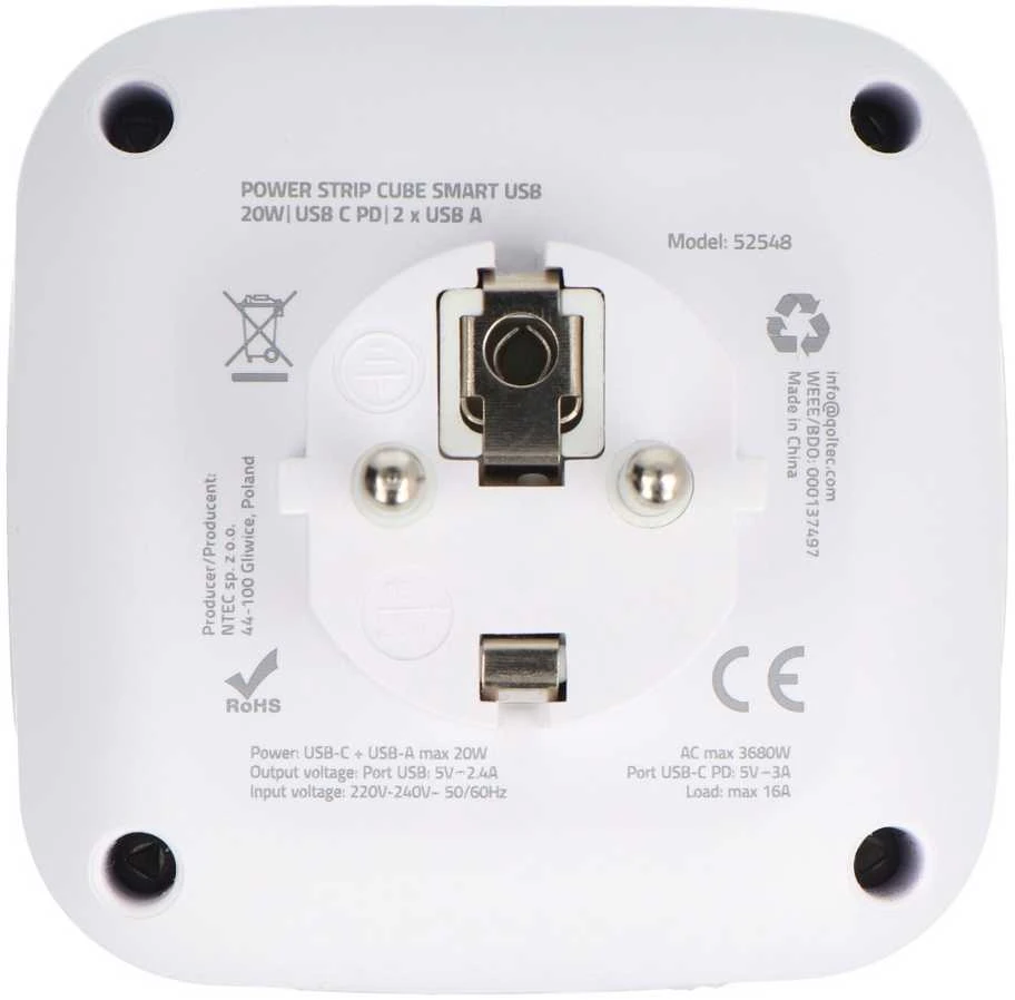 Daugiafunkcinė Qoltec galios kubikė su apšviečiamu jungikliu 3x AC 2x USB 1x USB-C PD 20W Balta