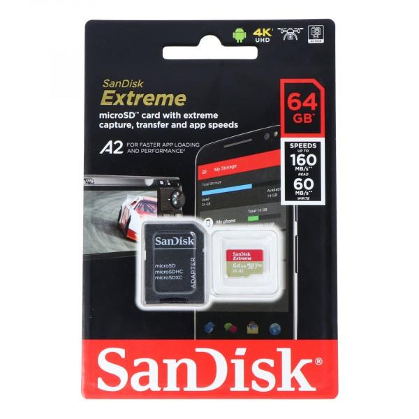 Atminties kortelė SANDISK Extreme Micro SDXC 64 GB veiksmo kameroms ir dronams + SD adapteris 160 MB/s A2 C10 V30 UHS-I U3