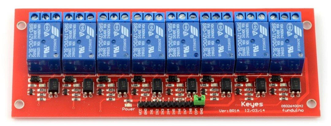 Oem 8 kanalų relės modulis su optoizoliacija - 10A / 250VAC kontaktai - 12V ritė - raudona