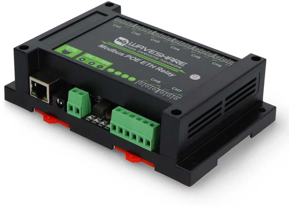 8 kanalų relinis modulis su optoizoliacija - 10A/250VAC/30VDC kontaktai - 7V-36V ritė - Modbus PoE - Waveshare 24964