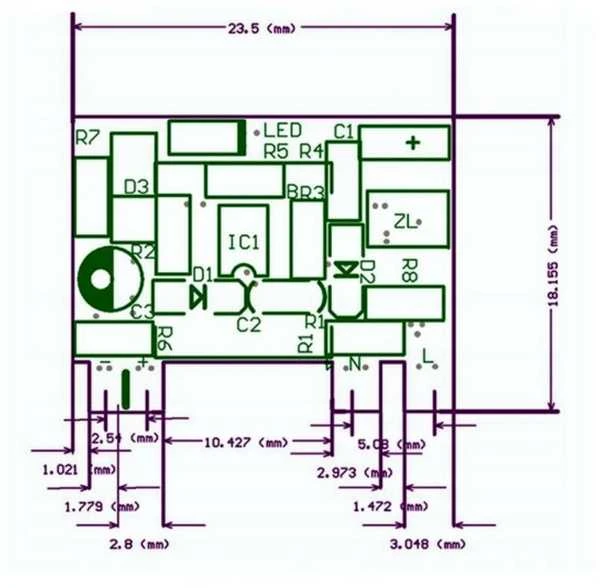 AC-DC keitiklio techninis brėžinys su matmenimis