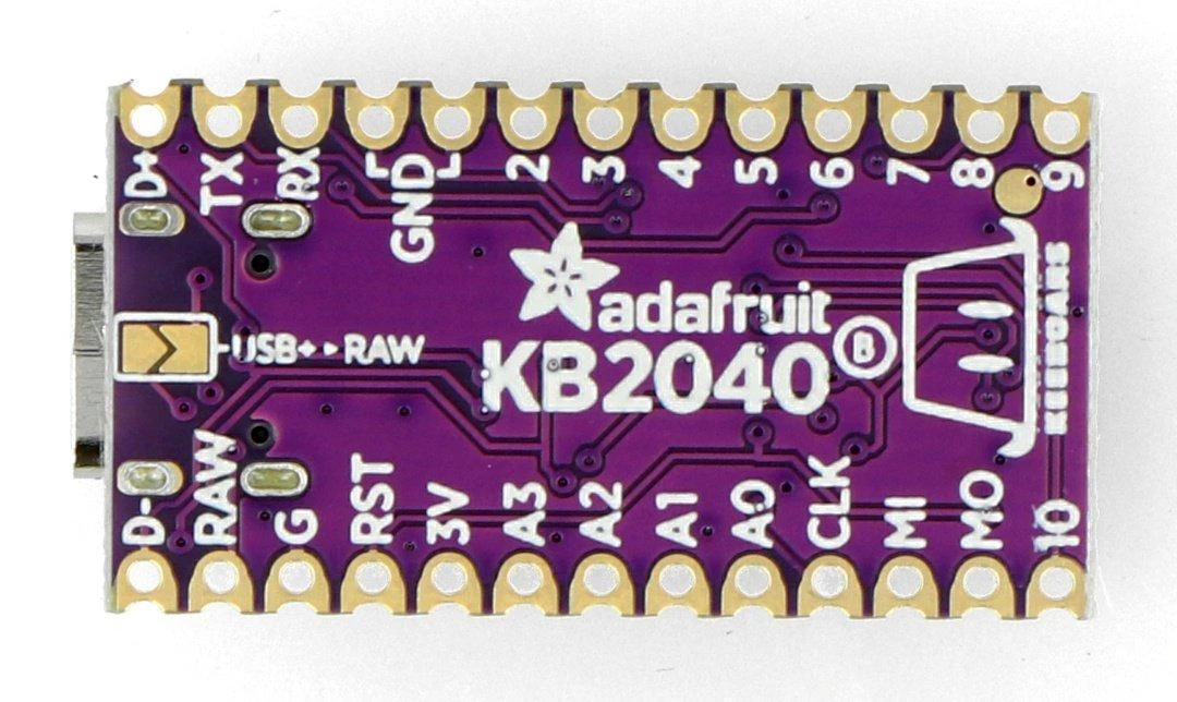 Adafruit KB2040 valdiklis su kontaktų žymėjimu