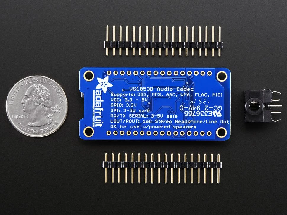 Adafruit VS1053 garso kodekas su kaiščiais ir monetos masteliu