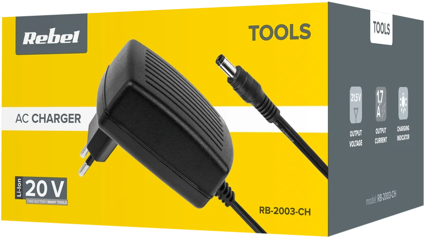 Rebel Tools akumuliatoriaus įkroviklis pakuotėje