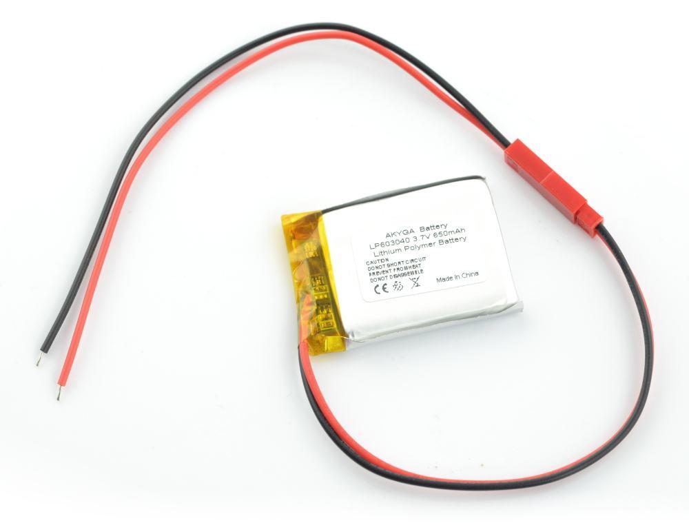 Akumuliatorius Li-Pol Akyga 650mAh 1S 3.7V - Jungtys JST-BEC + Lizdas