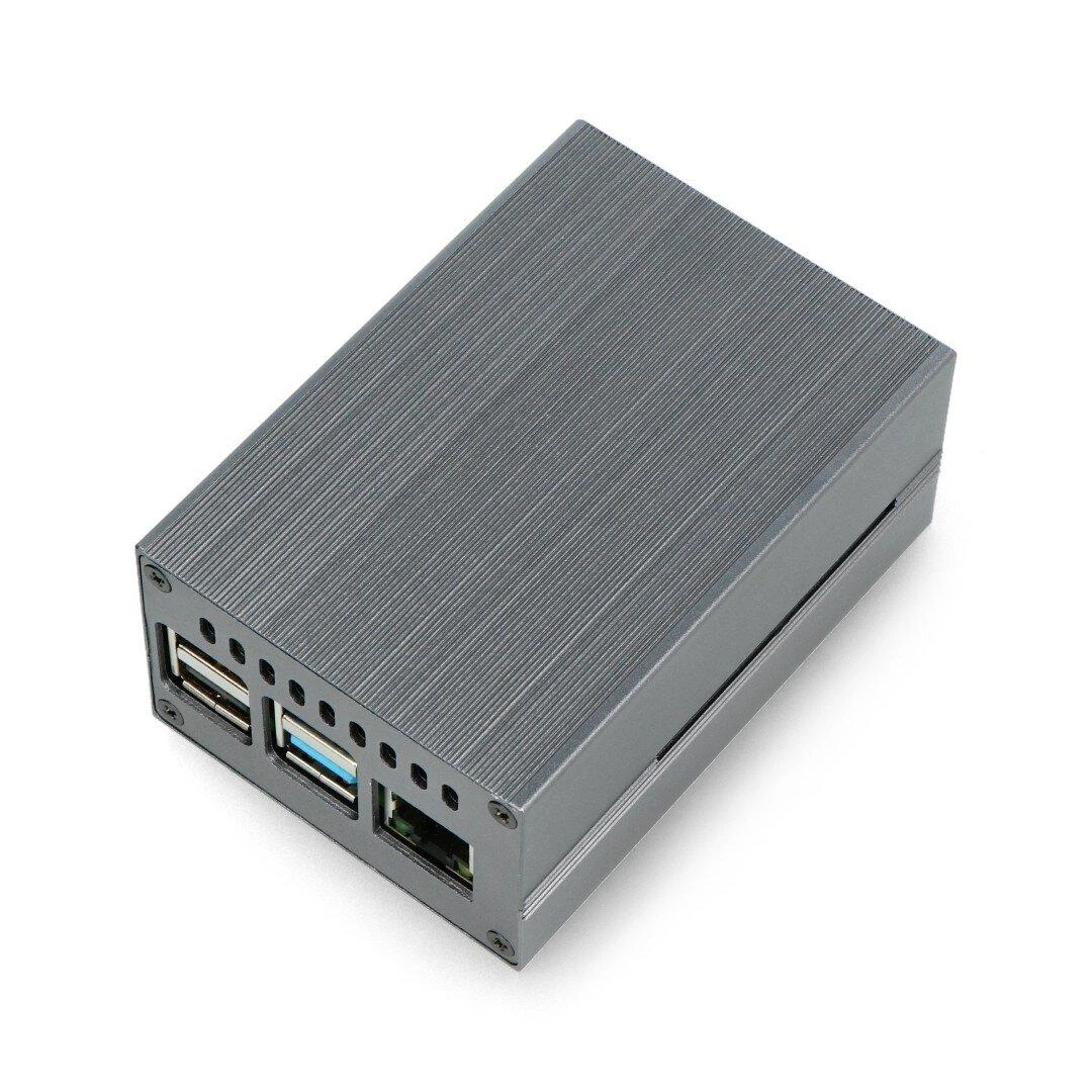 Pilkas aliumininis Raspberry Pi 4B dėklas su ventiliacijos angomis