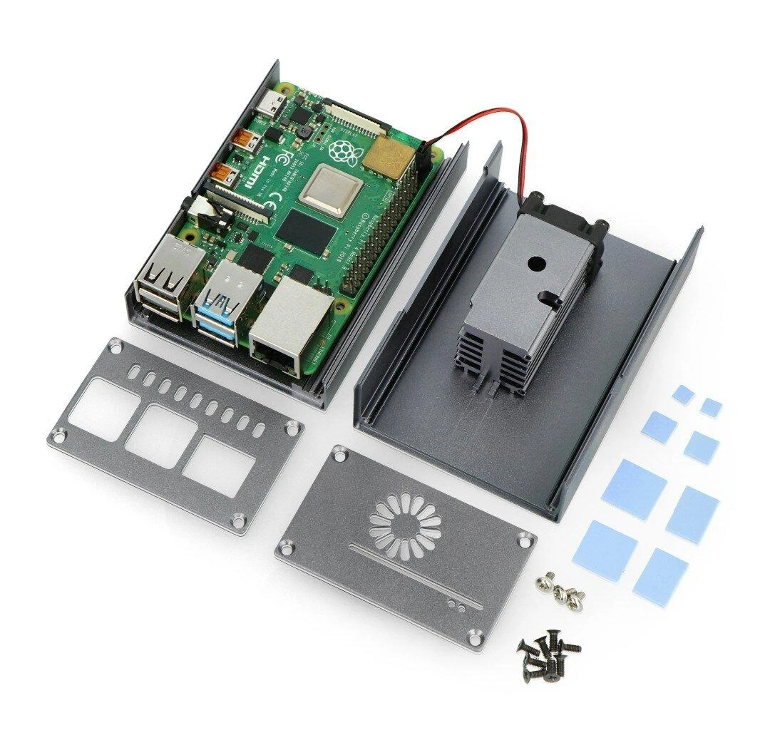 Oem Aliumininis dėklas, skirtas Raspberry Pi 4B su ventiliatoriumi - pilkas