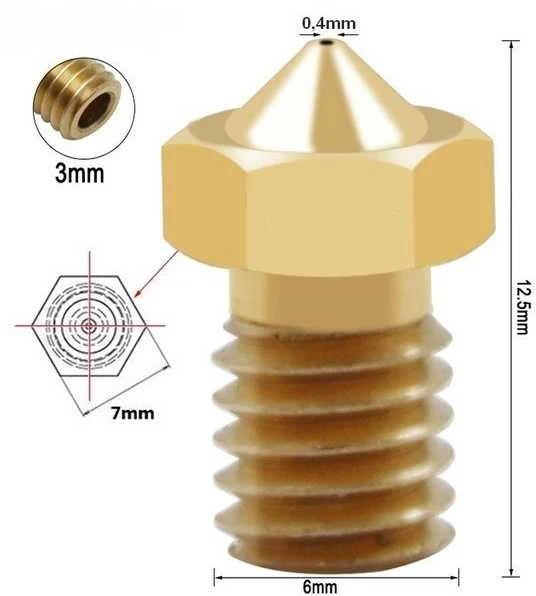 Oem Antgalis 0.4 mm M6 – siūlas 3.0 mm – H12.5 mm – kūginis – RepRap E3D V5 V6