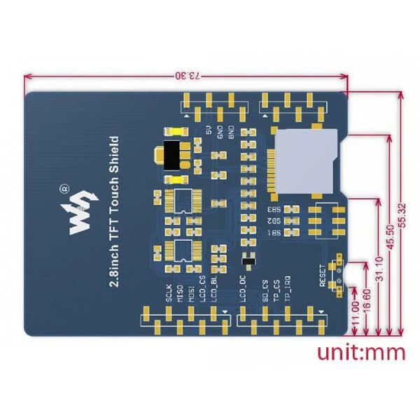 Arduino TFT ekrano išmatavimų brėžinys