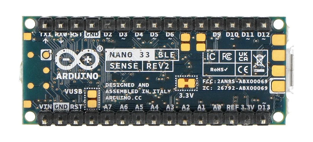 Arduino Nano 33 BLE Sense Rev2 viršutinė pusė su kaiščiais