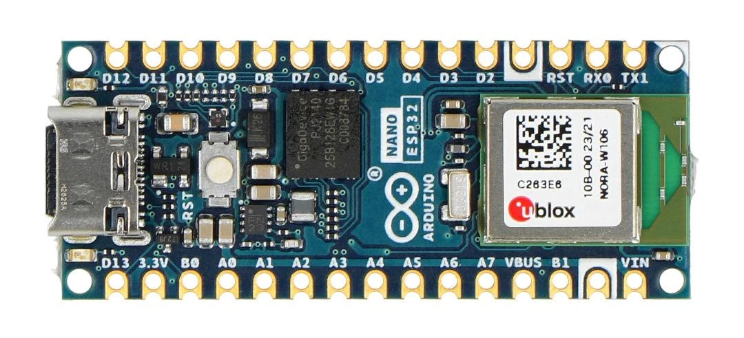Arduino Nano ESP32 mikrovaldiklio viršutinis vaizdas