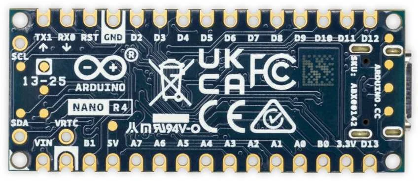 Arduino Nano R4 mikrokontrolerio plokštė iš viršaus