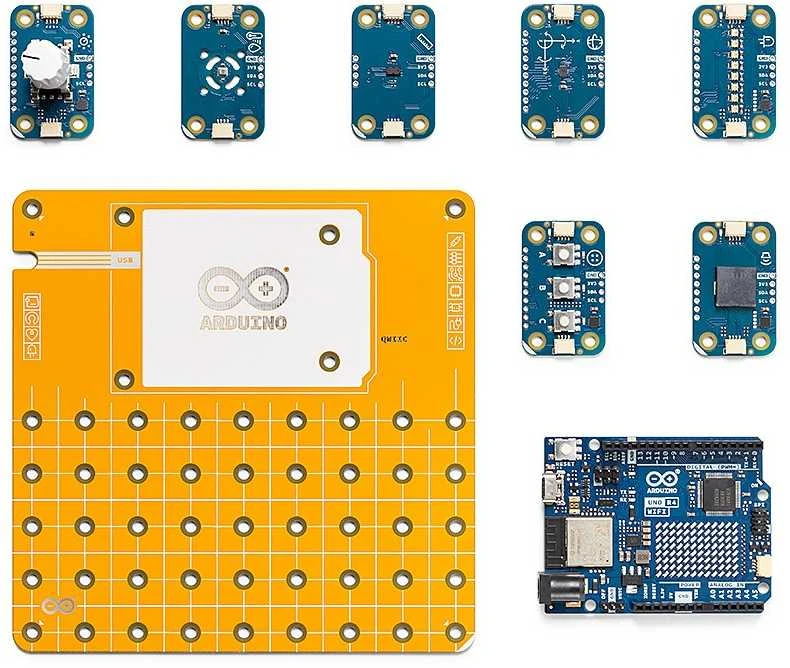 Arduino Plug and Make Kit – Arduino Uno R4 WiFi rinkinys ir 7 Qwiic moduliai – AKX00069