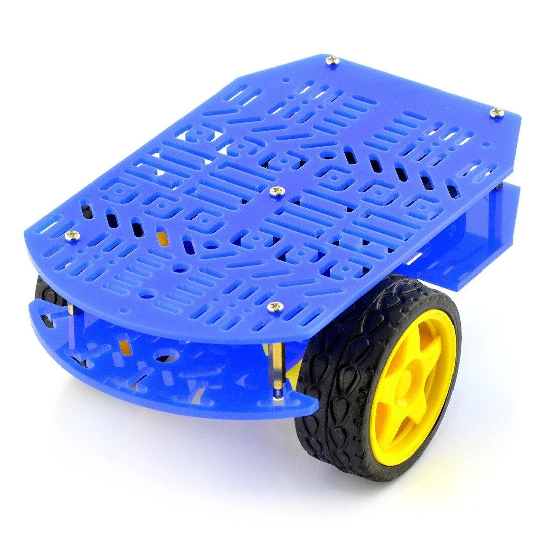 Roboto važiuoklė su geltonais ratais ir mėlynų rėmu