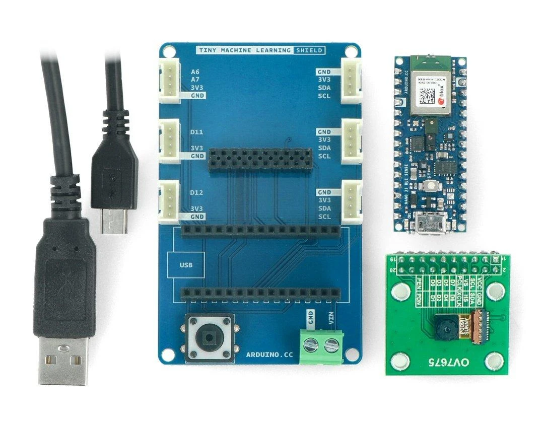 Arduino TinyML rinkinio komponentai su priedais