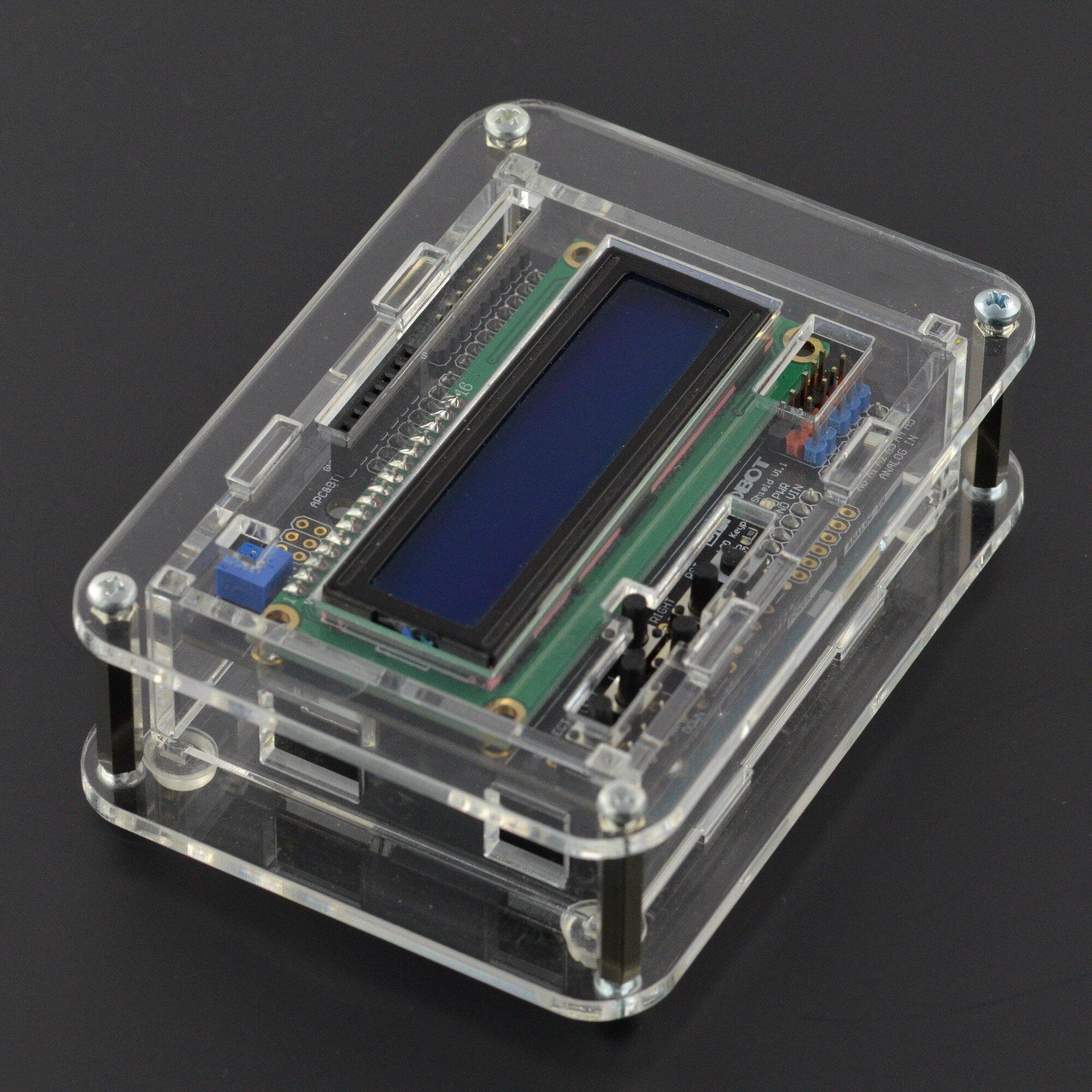 Skaidrus Arduino Uno dėklas su LCD ekranu