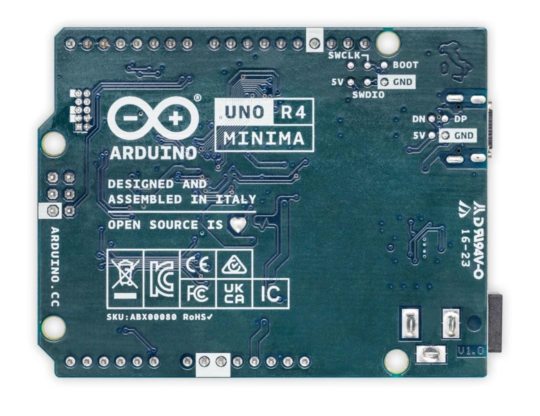 Arduino Uno R4 Minima - apatinė plokštės pusė