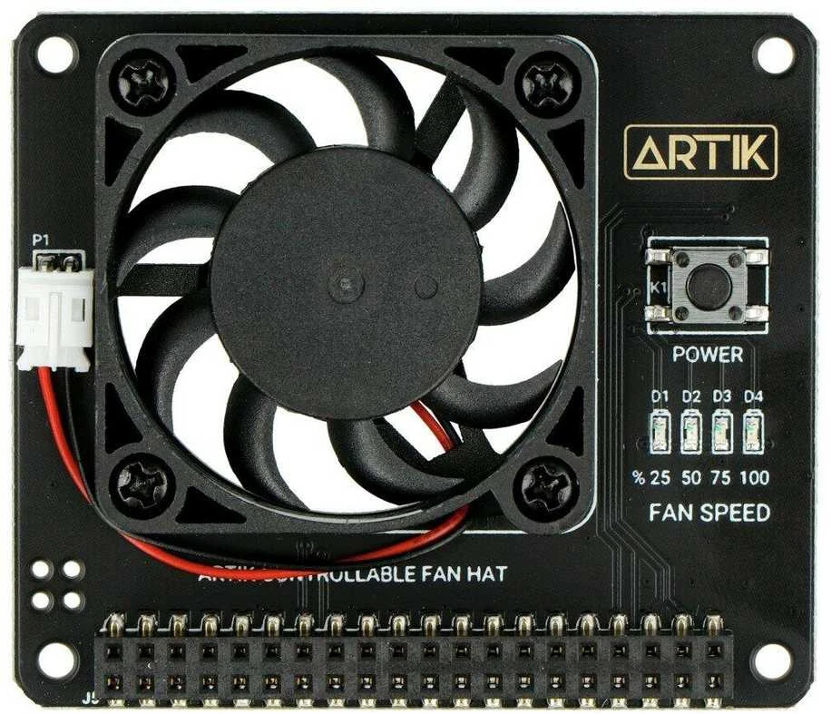 Argon Fan HAT v1.5 su valdymo mygtuku ir indikatoriais
