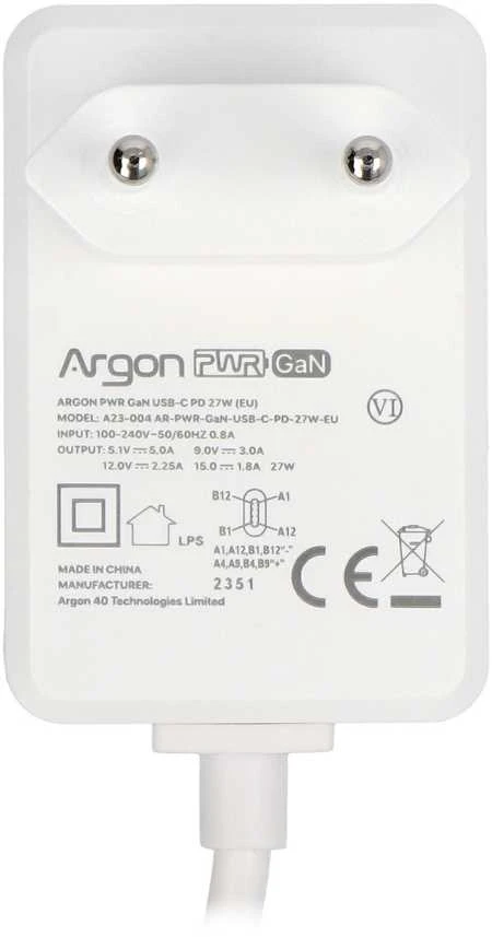 Argon40 27W USB-C maitinimo bloko techninė pusė
