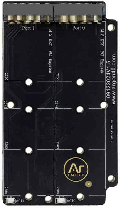 Argon40 Argon ONE V5 Dual M.2 NVMe – plokštė su 2 M.2 NVMe lizdais, skirta Raspberry Pi 5