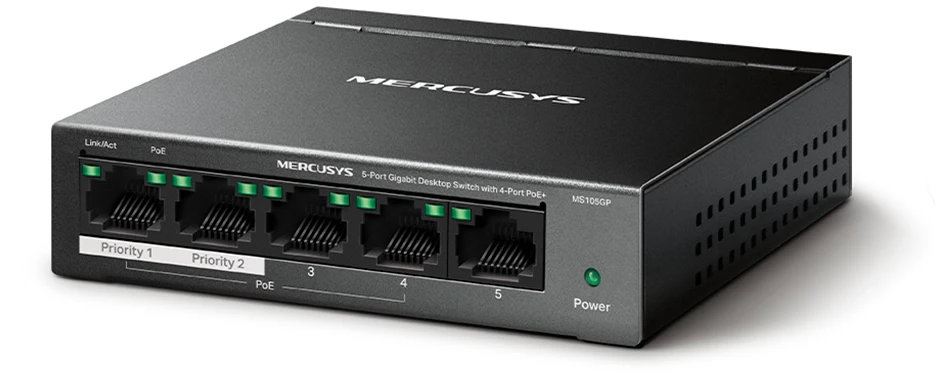 Šakotuvas Mercusys 5-port Gigabit Desktop Switch su 4-Port PoE+ | Mercusys