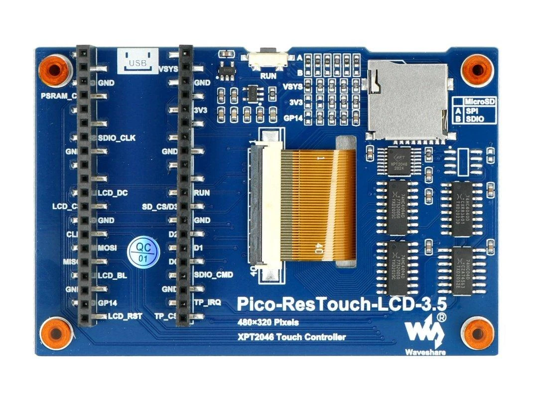 Atsparus jutiklinis LCD IPS ekranas 3.5" 480x320px, SPI, 65K RGB, skirtas Raspberry Pi Pico, Waveshare 19907