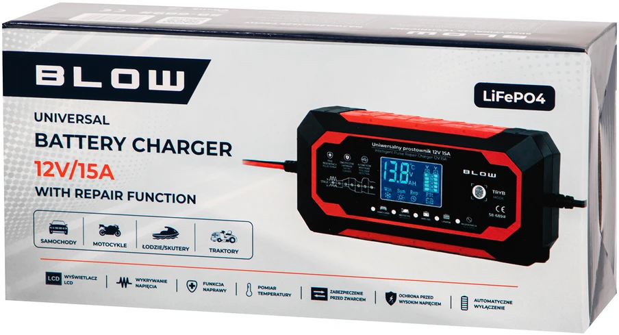 Blow 58-689# Automatinis lygintuvas 12V/15A LiFePO4 su pūtimo funkcija