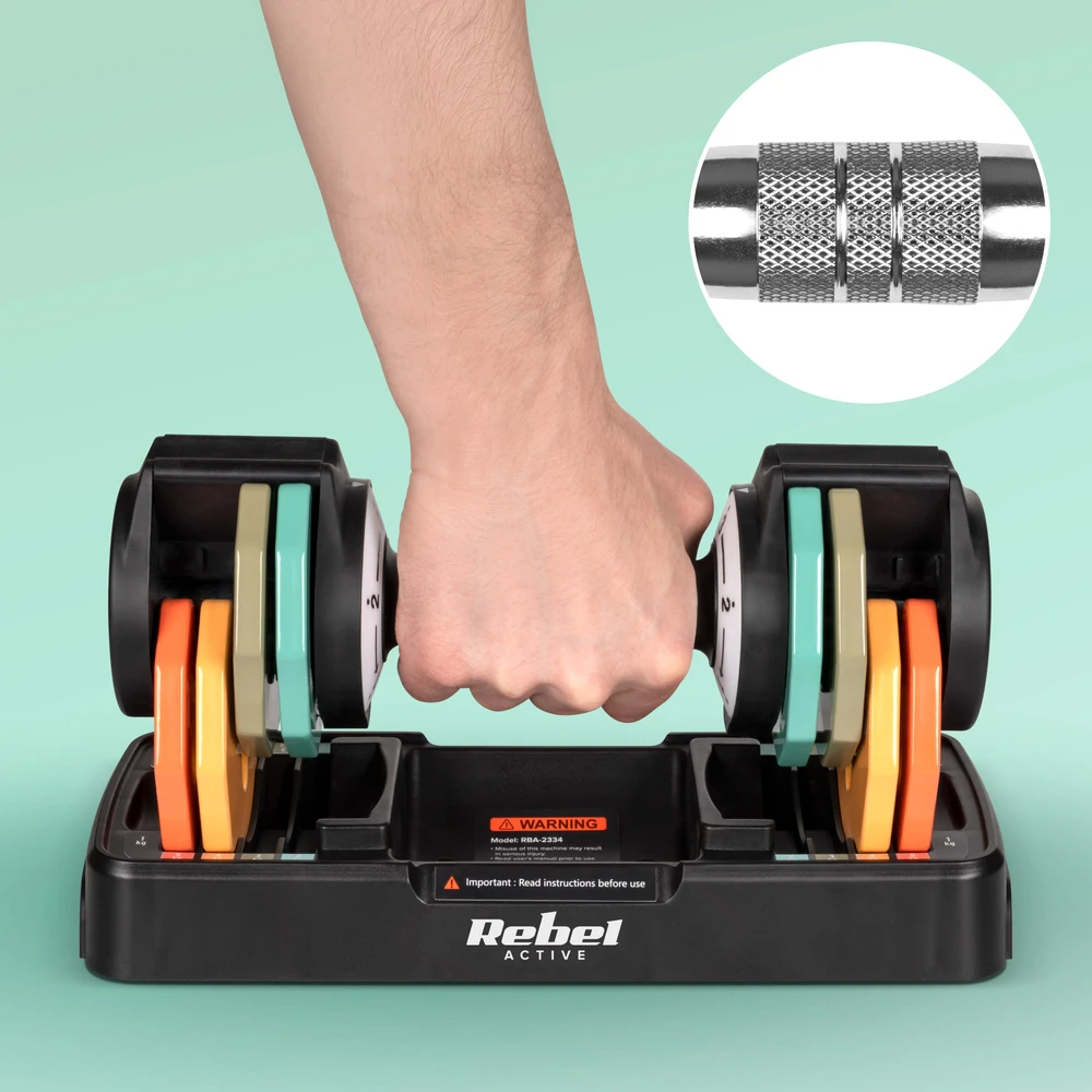 Hantle Automatiškai reguliuojami ketaus hanteliai, 2 x 5kg rinkinys, 1kg žingsniai, REBEL ACTIVE