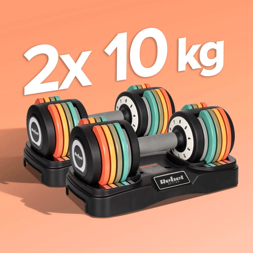 Automatiškai reguliuojami ketaus hanteliai, 2 x 10 kg rinkinys, 1kg žingsniai, REBEL ACTIVE