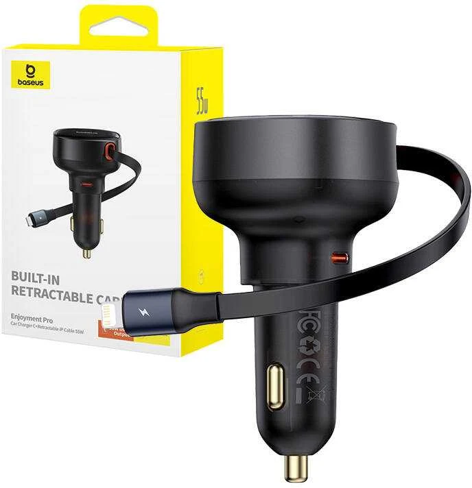Automobilinis įkroviklis Baseus Enjoyment Pro su žaibo laidu + USB-C , 55 W (juodas)