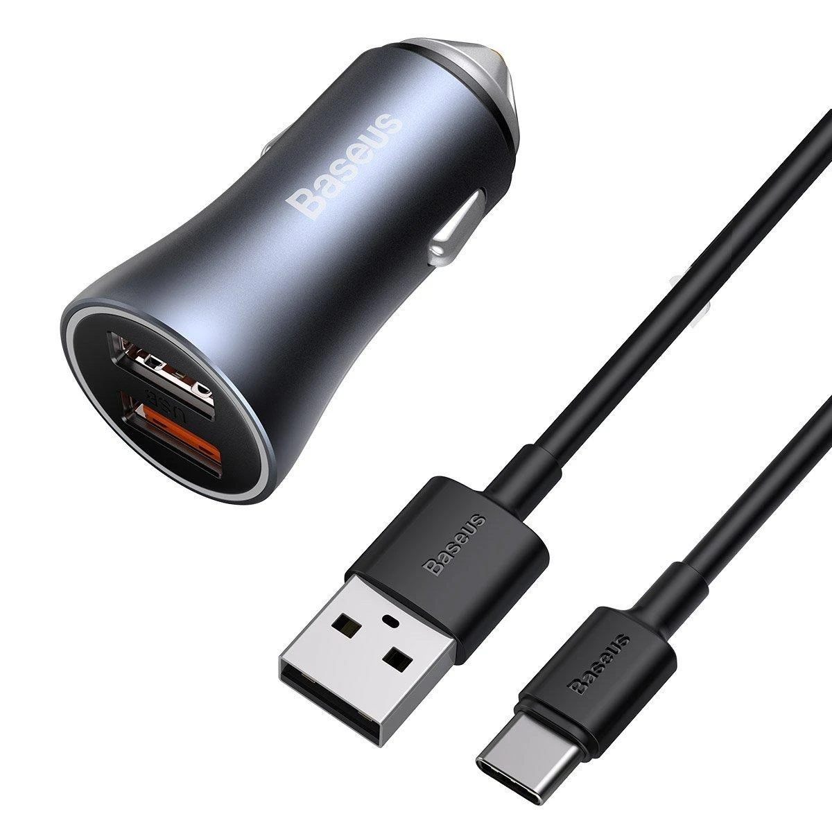 Baseus Automobilinis įkroviklis 40W 12-24V 2xUSB QC4.0 SCP FCP AFC su USB-C 1m laidu, pilkas