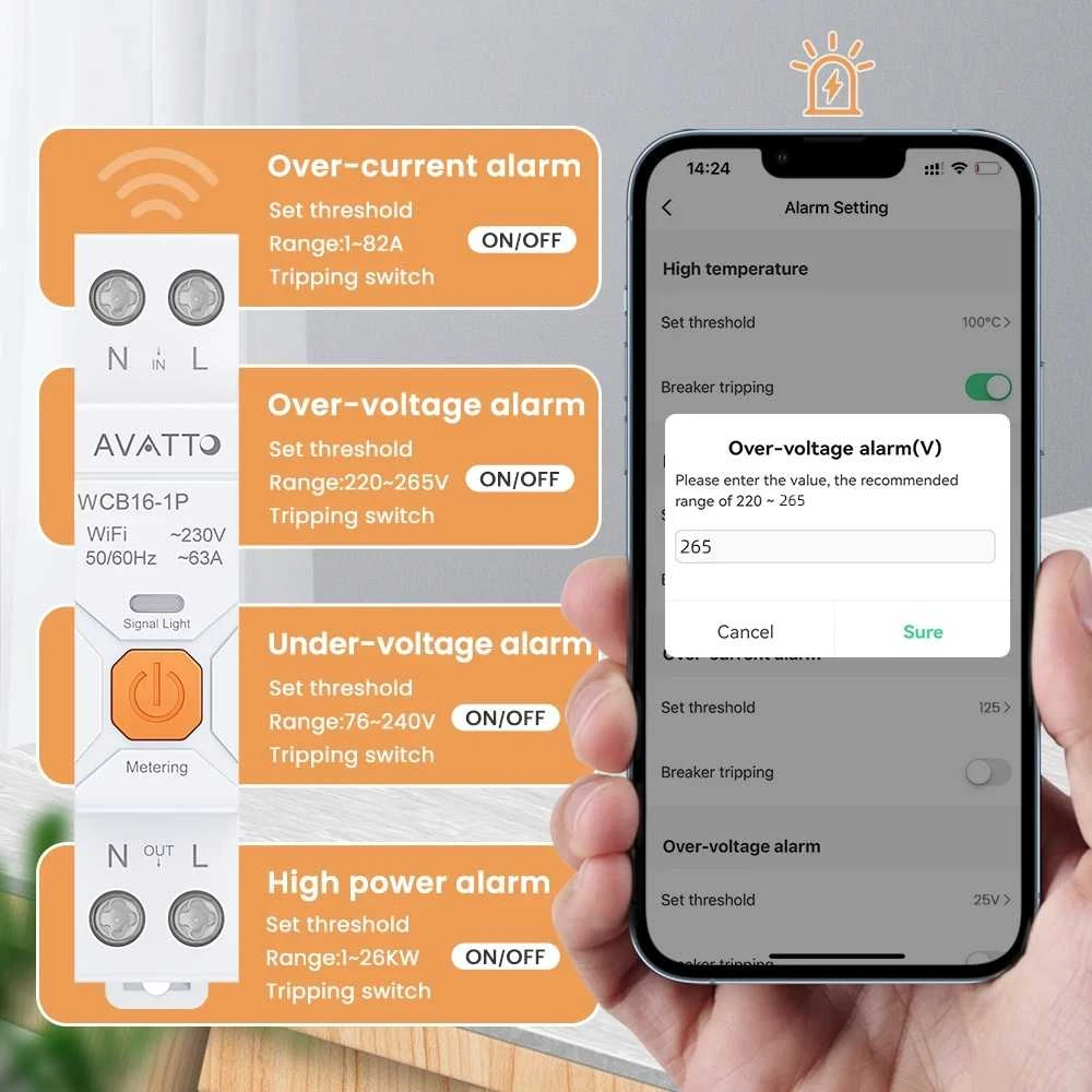 Avatto Išmani relė DIN bėgeliui 230Vac, 16A, Wi-Fi TUYA, su energijos matavimo funkcija