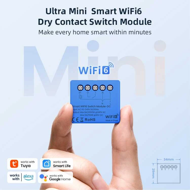 Avatto Išmani relė Wi-Fi 6, 230Vac 8A, 30Vdc 5A, MINI, su sausu kontaktu, TUYA / Smart Life