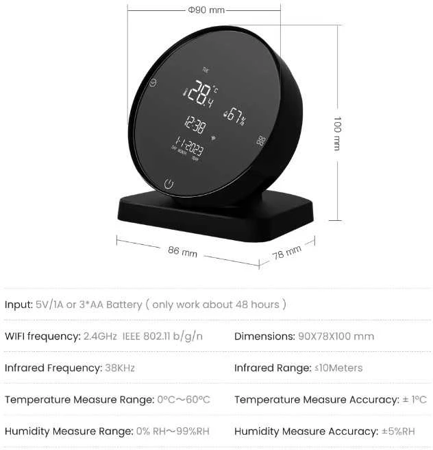 Avatto Išmani temperatūros ir drėgmės matavimo stotelė su IR bangų valdikliu kondicionieriui, Wi-Fi TUYA