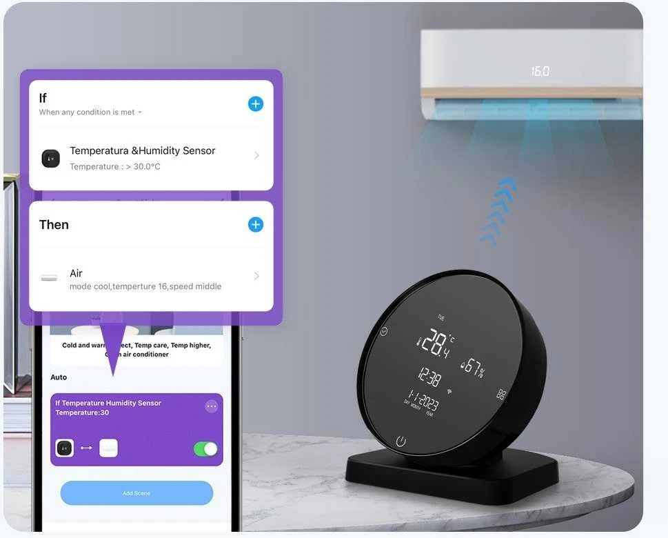 Avatto Išmani temperatūros ir drėgmės matavimo stotelė su IR bangų valdikliu kondicionieriui, Wi-Fi TUYA
