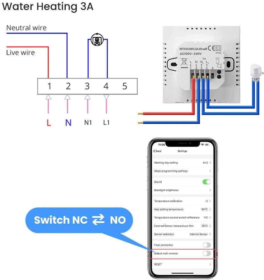 Avatto Išmanus, sieninis termostatas grindų termo pavaroms 3A, 230V, Wi-Fi, baltas, TUYA / Smart Life