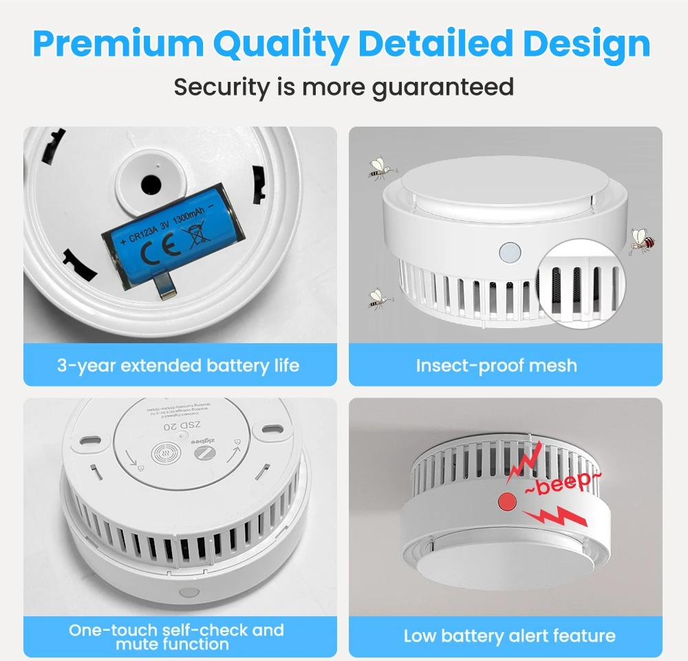 Avatto Išmanusis ZigBee bevielis patalpos dūmų jutiklis su sirena 85dB, 1x CR123A 3V, TUYA / Smart Life