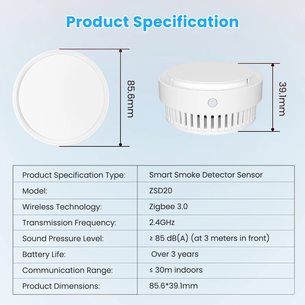 Avatto Išmanusis ZigBee bevielis patalpos dūmų jutiklis su sirena 85dB, 1x CR123A 3V, TUYA / Smart Life
