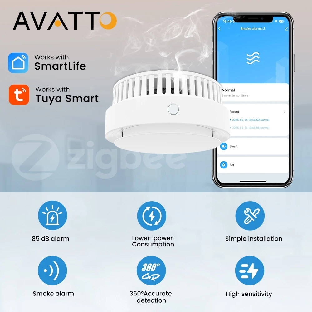 Avatto Išmanusis ZigBee bevielis patalpos dūmų jutiklis su sirena 85dB, 1x CR123A 3V, TUYA / Smart Life