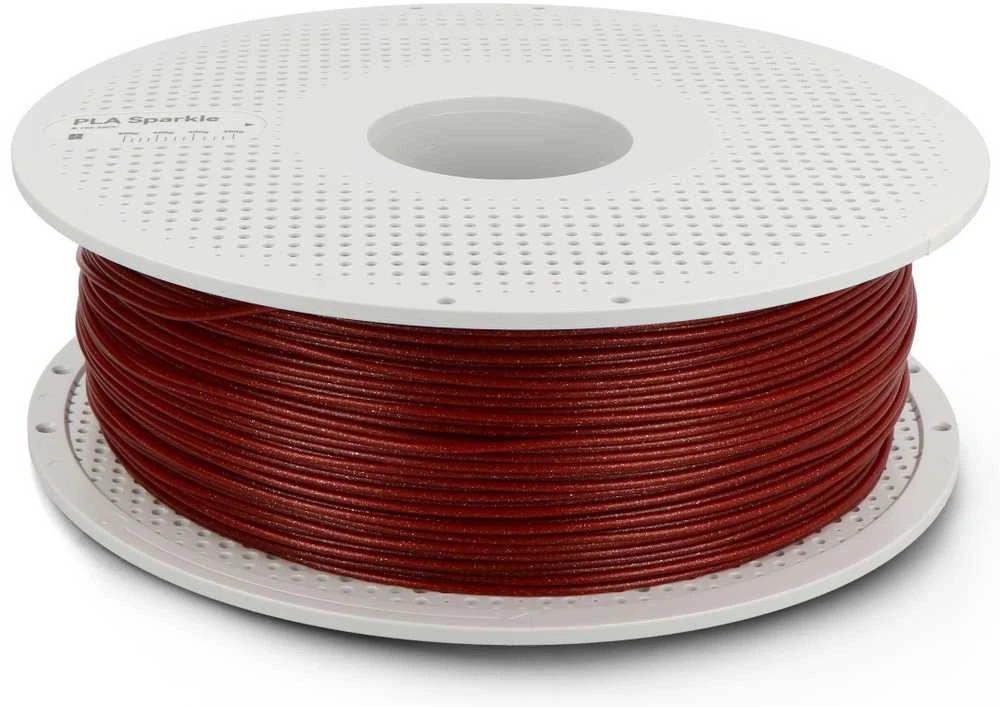 Bambu Lab PLA Sparkle plastikas 1.75mm 1kg – komplektuojamas su daugkartinio naudojimo rite – Crimson Raudona Sparkle