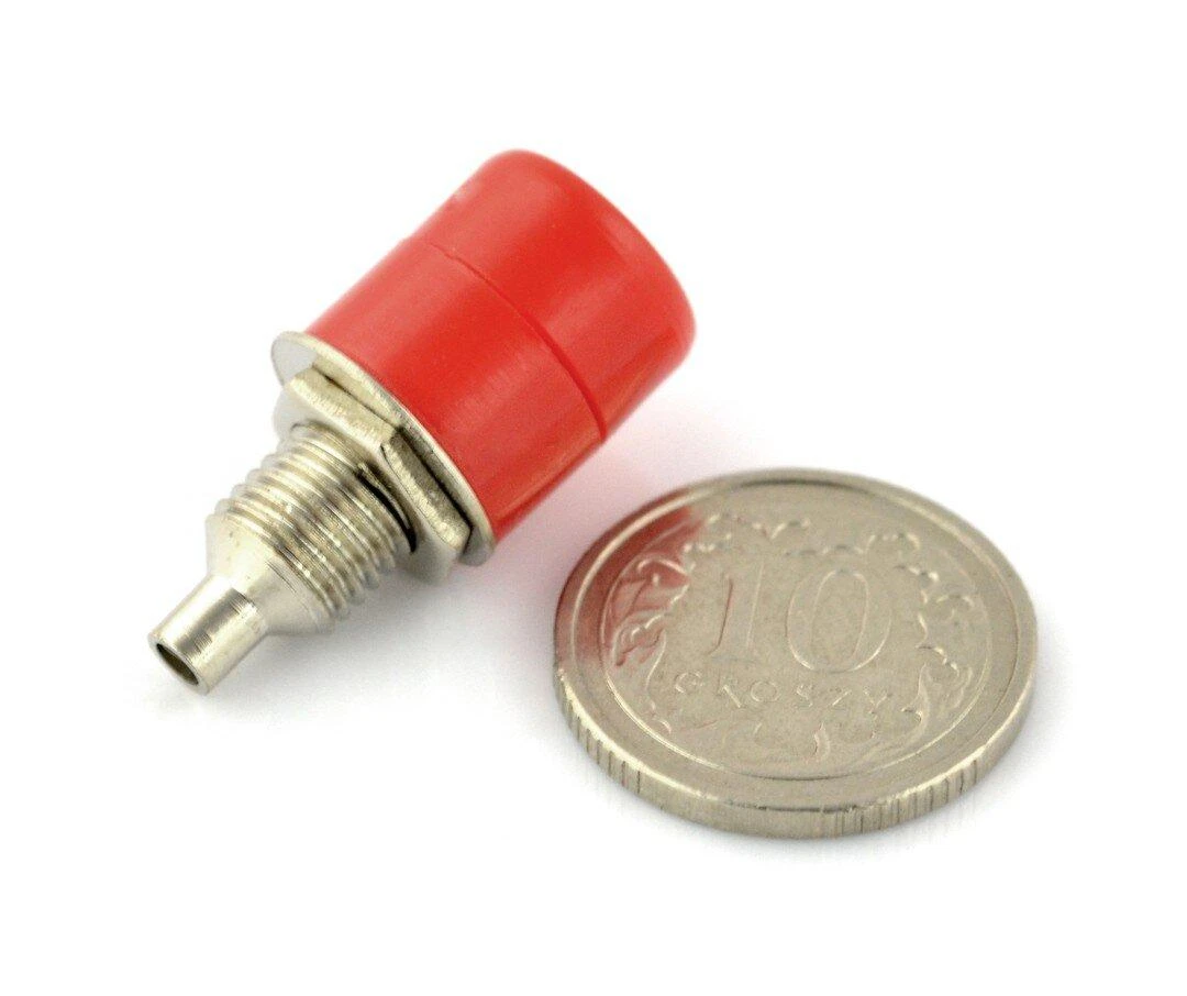 Raudonas 4mm banana lizdas su metaliniu sriegiu