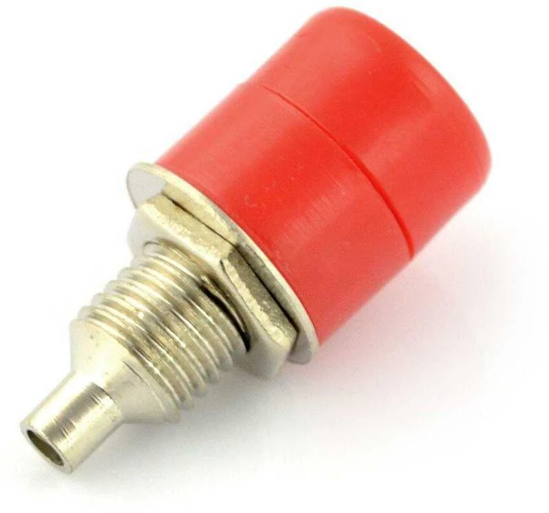 Raudonas 4mm banana lizdas su metaliniu sriegiu